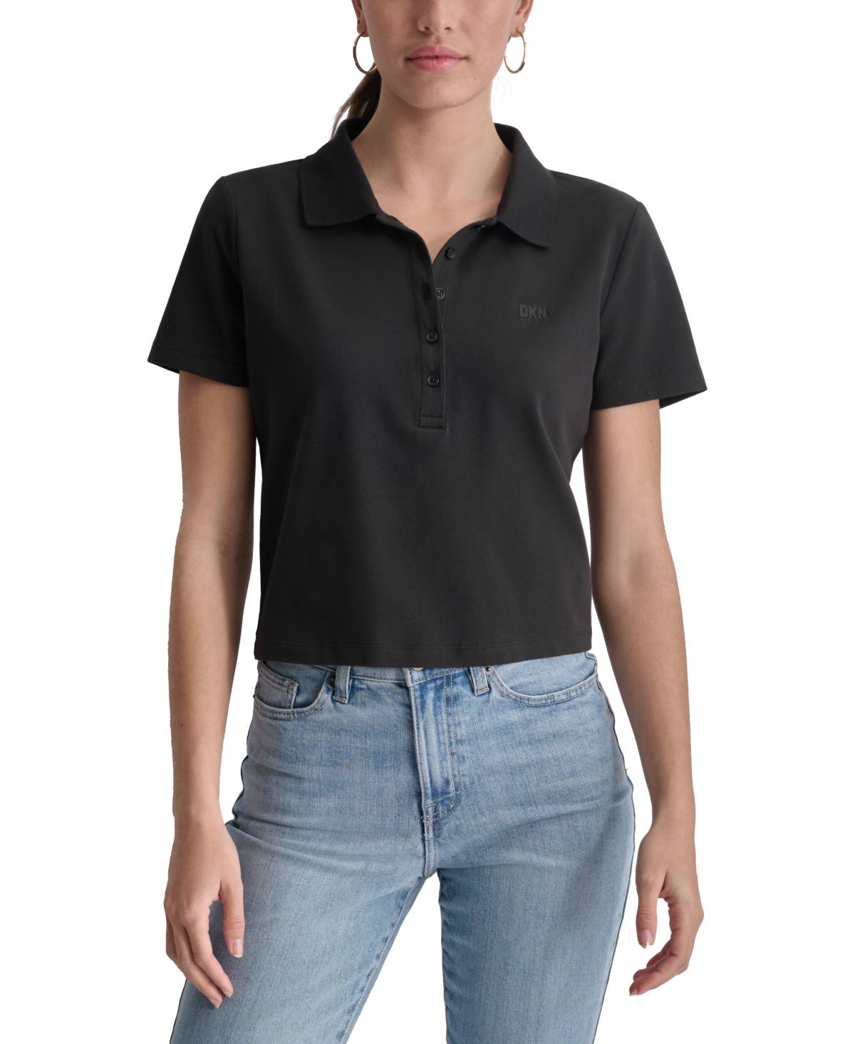 Shop Dkny Jeans Women's Cropped Relaxed-fit Polo In Black