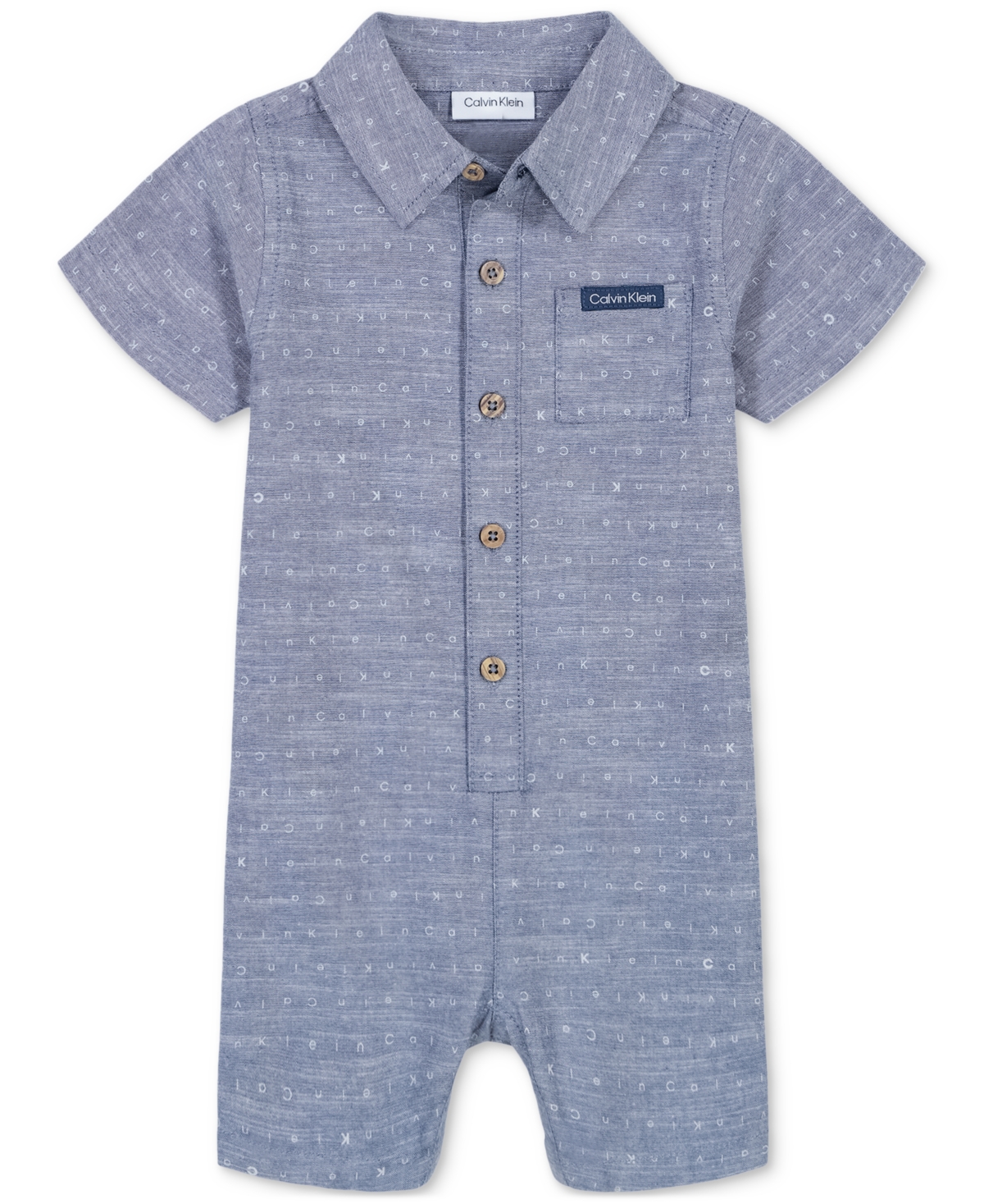 Shop Calvin Klein Baby Boys Cotton Printed Chambray Short-sleeve Romper In Blue