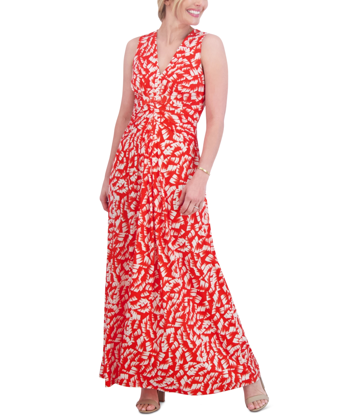 Shop Jessica Howard Women's Printed Ruched Maxi Dress In Red Cream