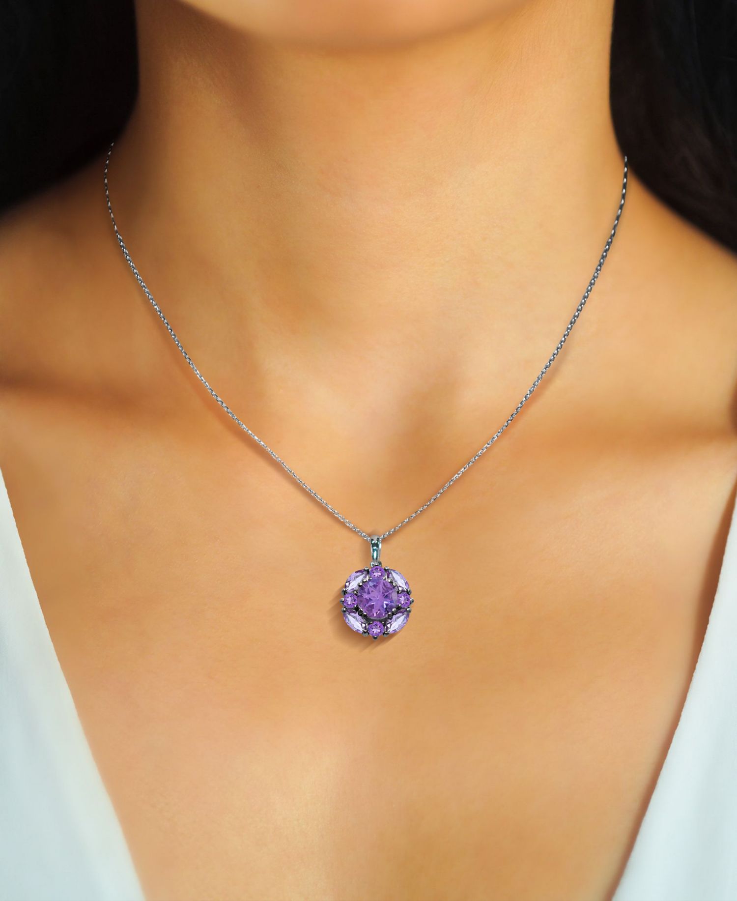 Amethyst (2-1/4 ct. t.w.) & Pink Amethyst (7/8 ct. t.w.) Cluster 18" Pendant Necklace in Sterling Silver (Also Available in Additional Gemstone Clusters)