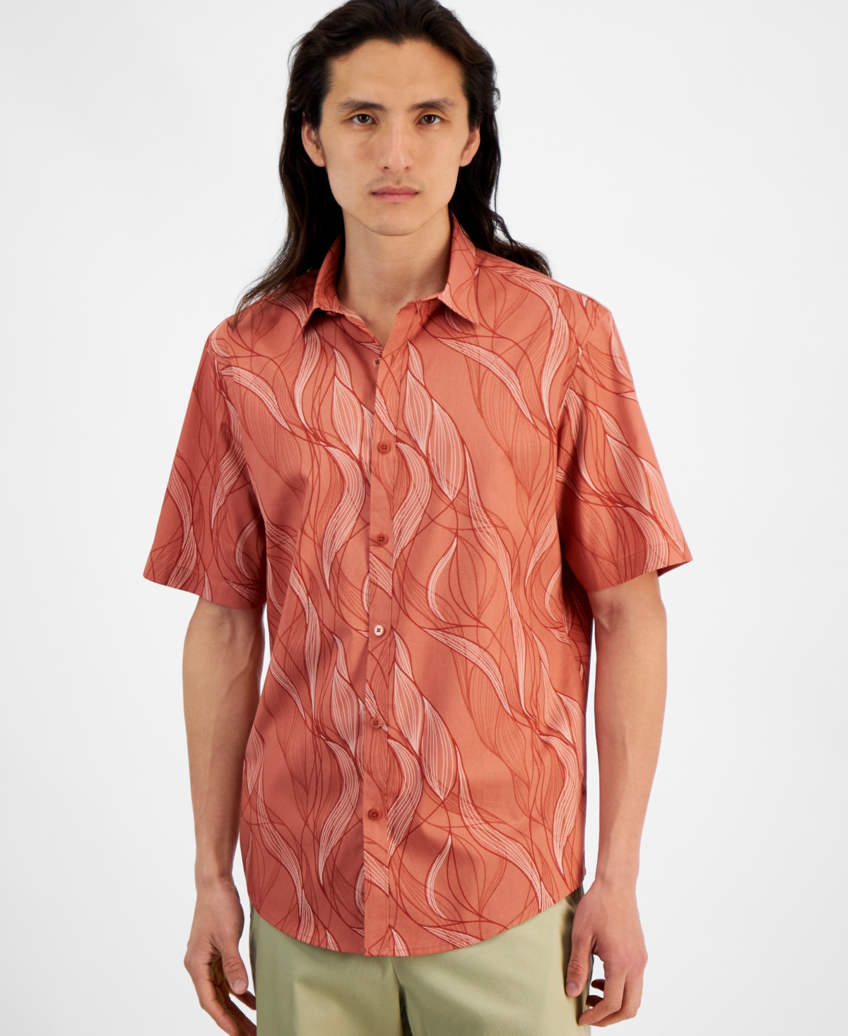 Men's Regular-Fit Stretch Abstract Wave-Print Button-Down Poplin Shirt, Created for Macy's - Terracotta Glaze