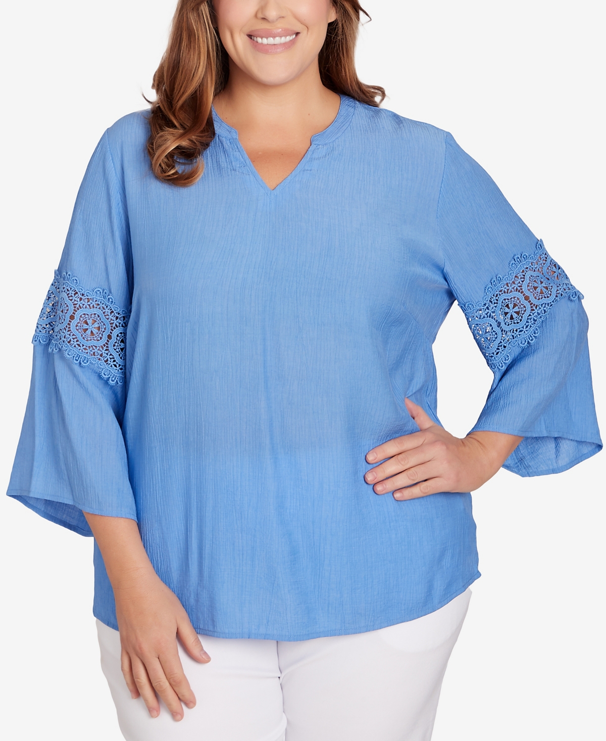 Shop Ruby Rd. Plus Size Solid Bali Lace Top In Blue Moon