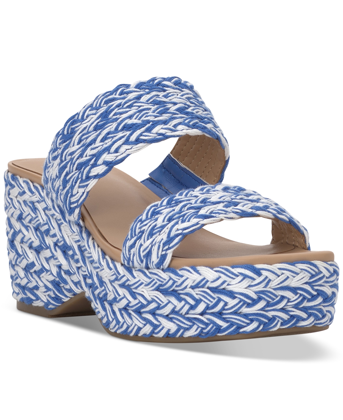 Shop On 34th Women's Norina Woven Two Band Wedge Sandals, Created For Macy's In Blue,white Raffia