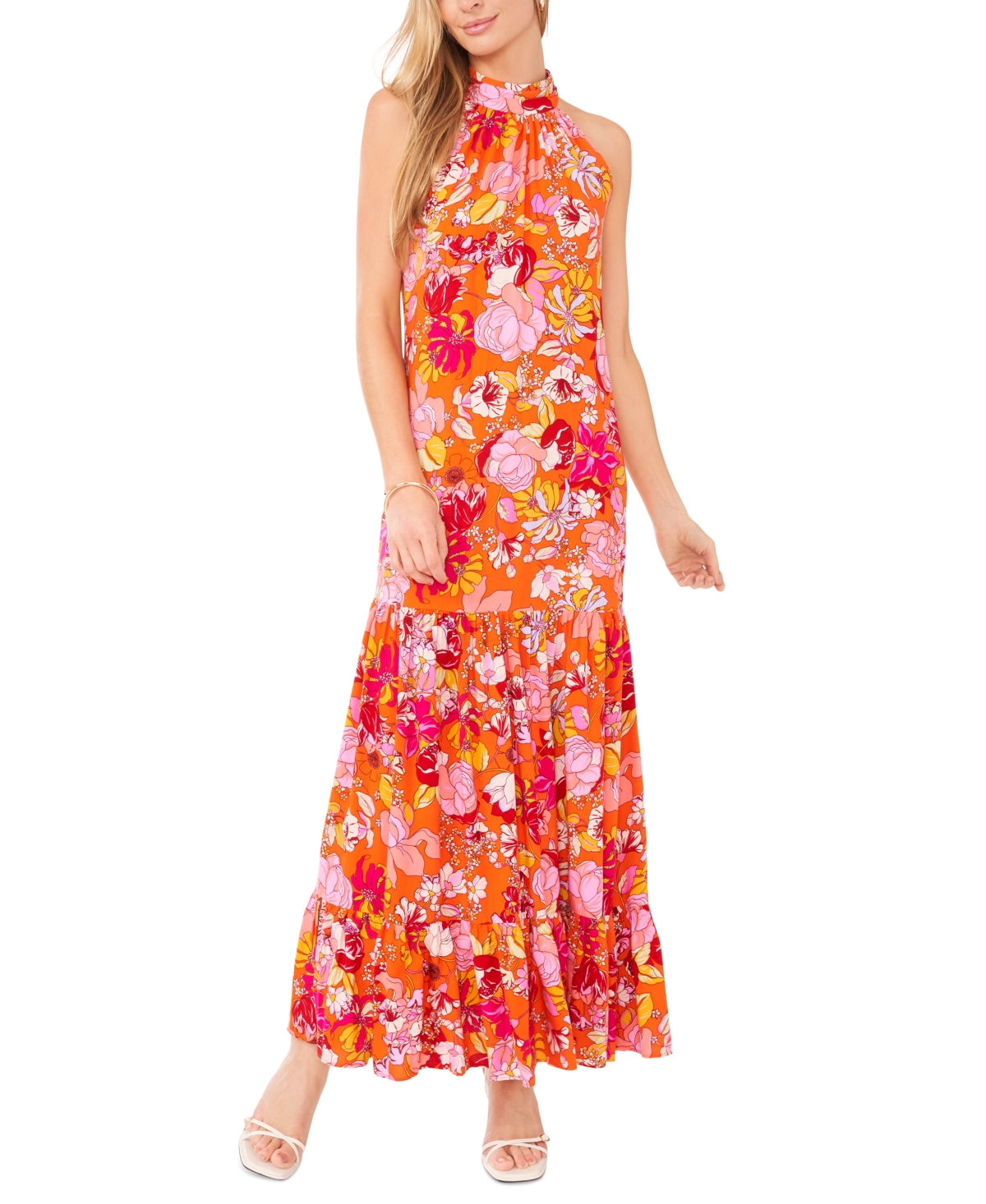Women's Floral-Print Tiered Maxi Dress - Orange Pink
