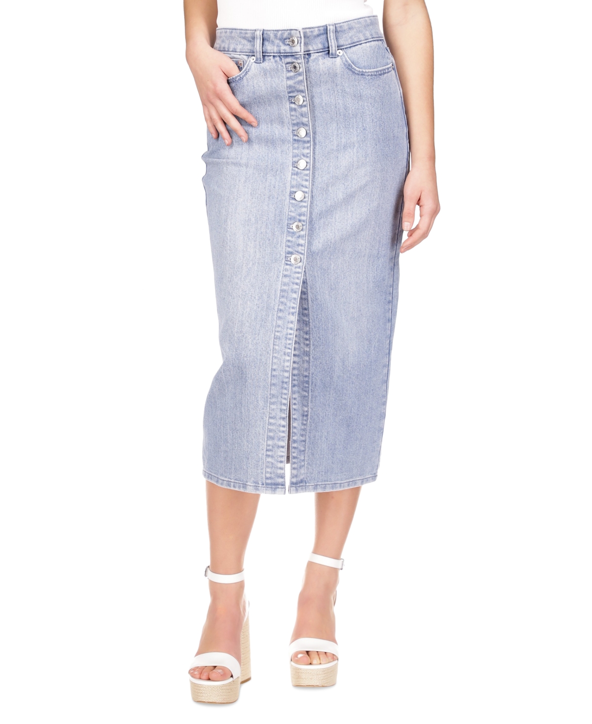 Women's Button-Front Denim Midi Skirt - Sky Haze W