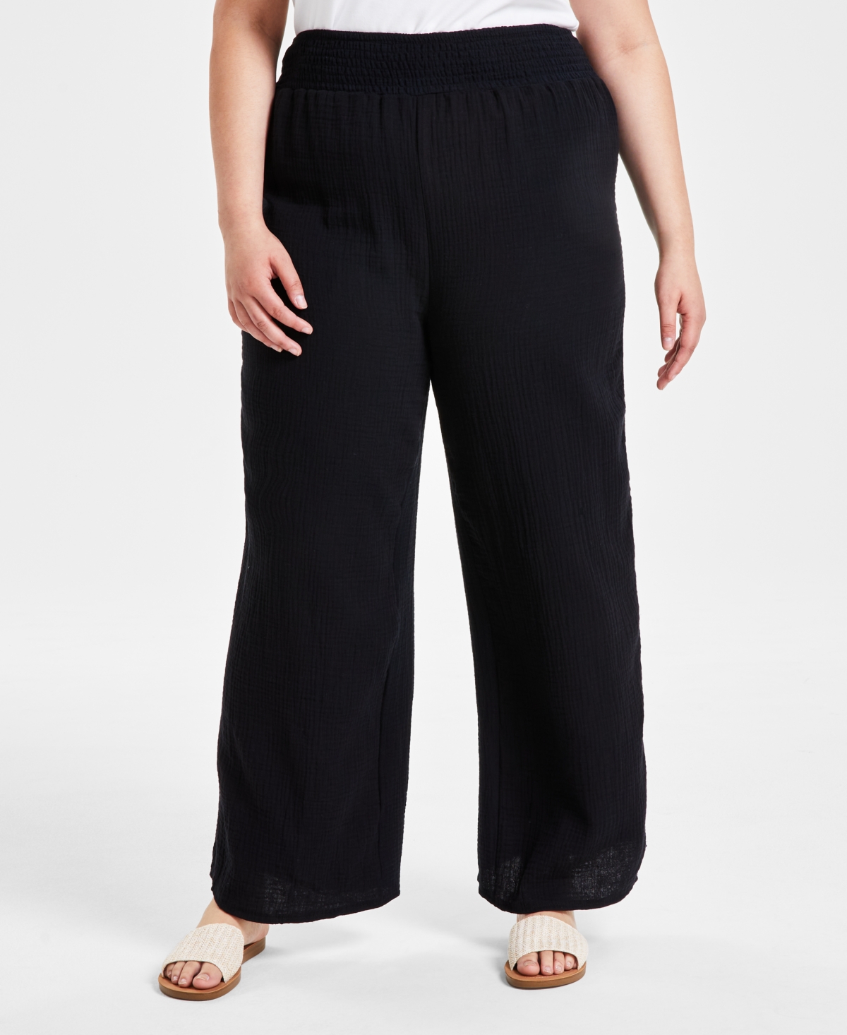 Trendy Plus Size High Rise Cotton Gauze Wide-Leg Pants - Black Beau