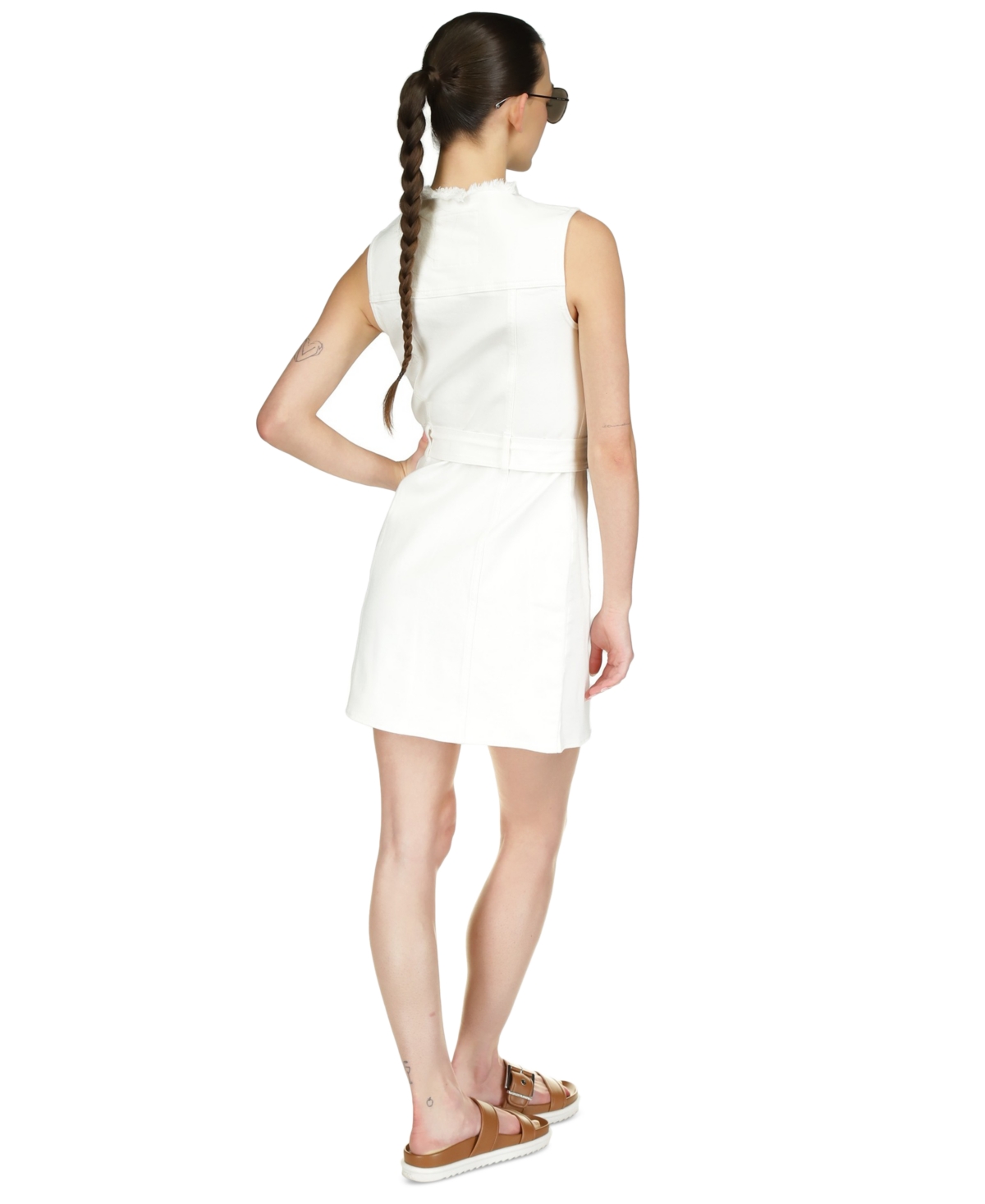 Shop Michael Kors Michael  Women's Frayed-neck Denim Sleeveless Dress In Optic Whit