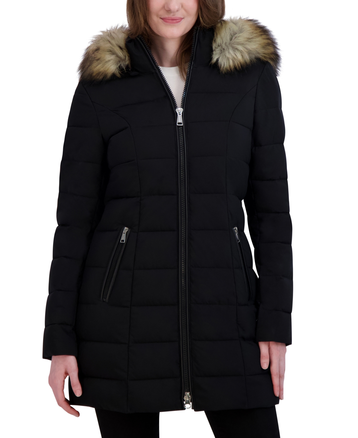 Laundry By Shelli Segal Womens Faux Fur Trim Hooded Puffer Jacket In Noir