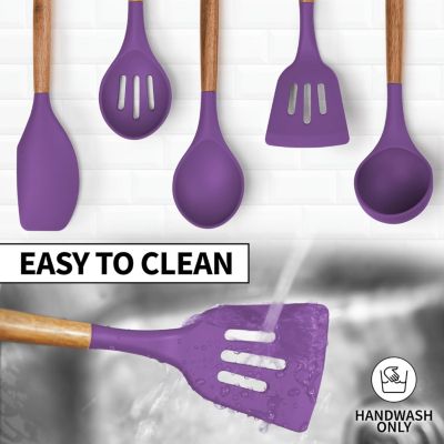 5 Piece Silicone Utensils Set with Authentic Acacia Wood Handles