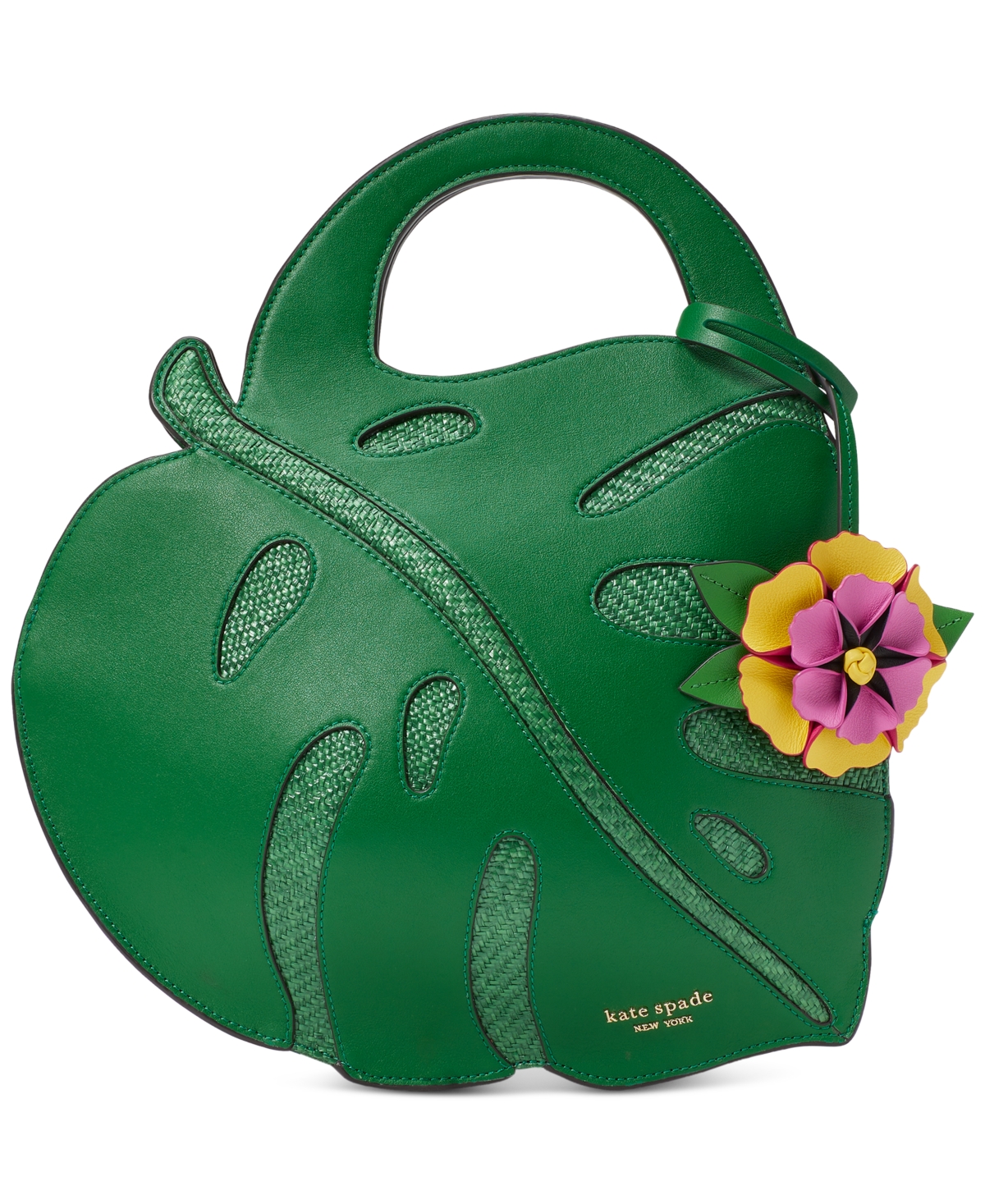 Playa Leather And Straw 3D Leaf Tote - Watercress