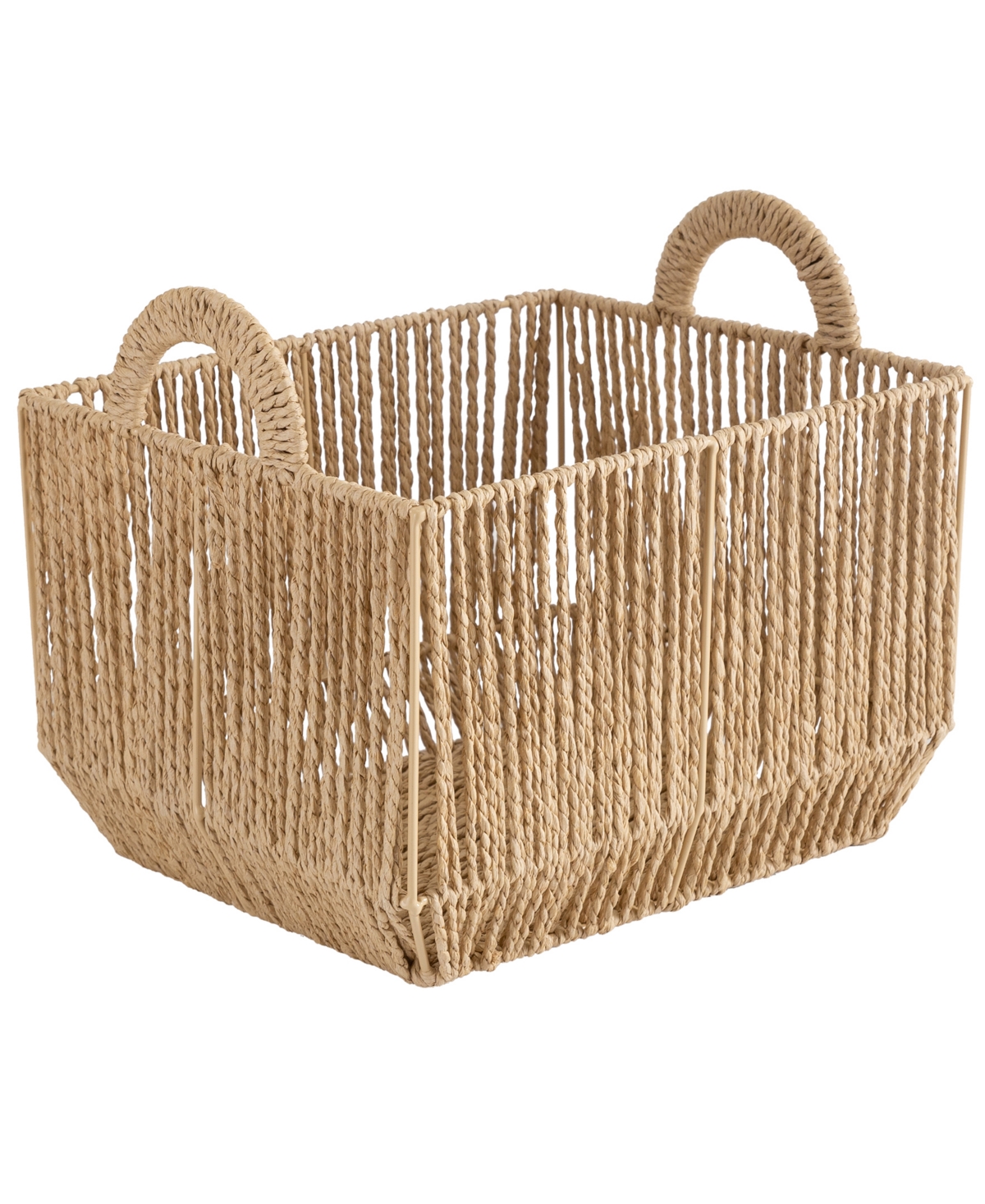 Vertical Weave Large Storage Basket with Round Handles - Beige