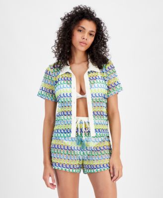 Shop Miken Juniors Camp Crochet Shirt Cover Up Camp Crochet Cover Up Shorts Created For Macys In Ivory Green Multi