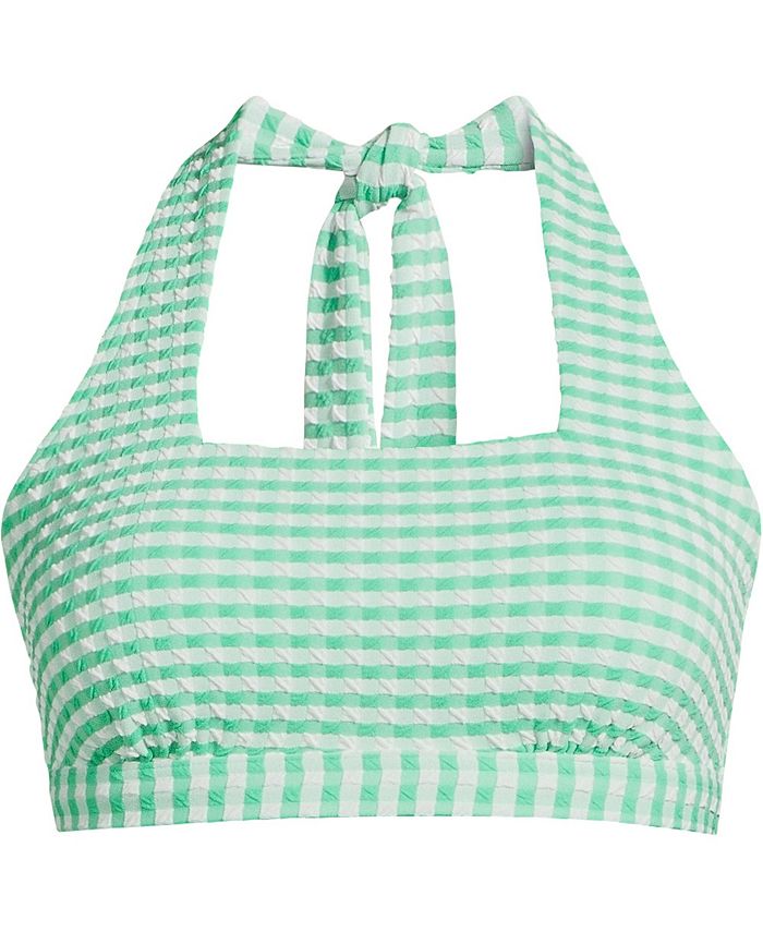 Lands' End Plus Size Gingham Square Neck Halter Bikini Swimsuit Top