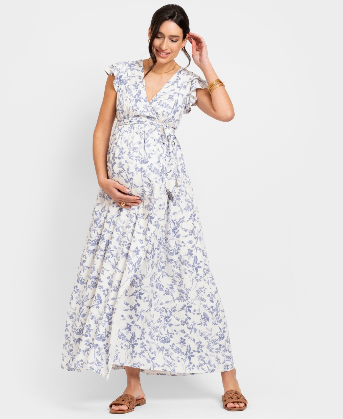 Shop Seraphine Women's Maternity Flutter Sleeve Maxi Dress In Blue Print