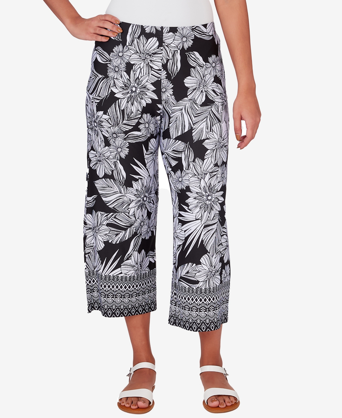 Ruby Rd. Petite Mid Rise Pull On Floral Soft Wide Leg Pant In Black