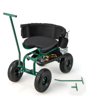 Rolling Garden Cart with Height Adjustable Swivel Seat and Storage Basket-Black