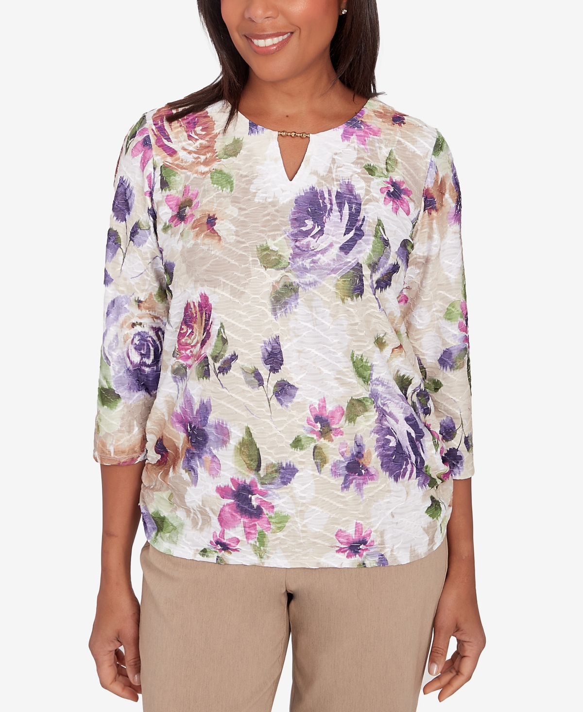 Alfred Dunner Charm School Women's Embellished Keyhole Floral Textured Top In Multi