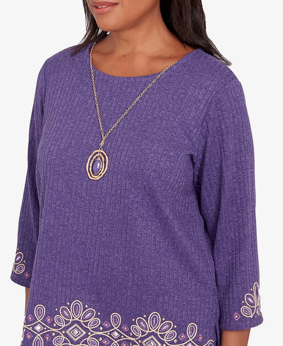 Shop Alfred Dunner Charm School Women's Embroidered Medallion Top With Necklace In Iris