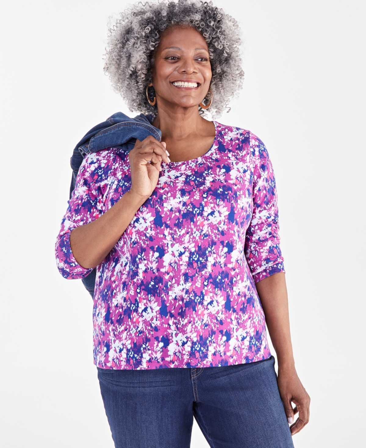 Style & Co Plus Size Printed Scoop-Neck Long-Sleeve Top, Created for Macy's