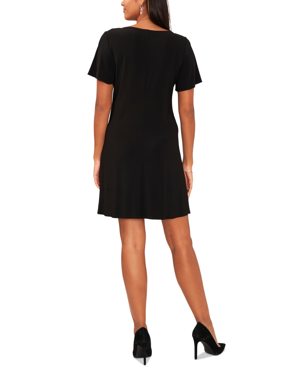 Shop Msk Women's V-neck Short-sleeve Embellished-hem Shift Dress In Black