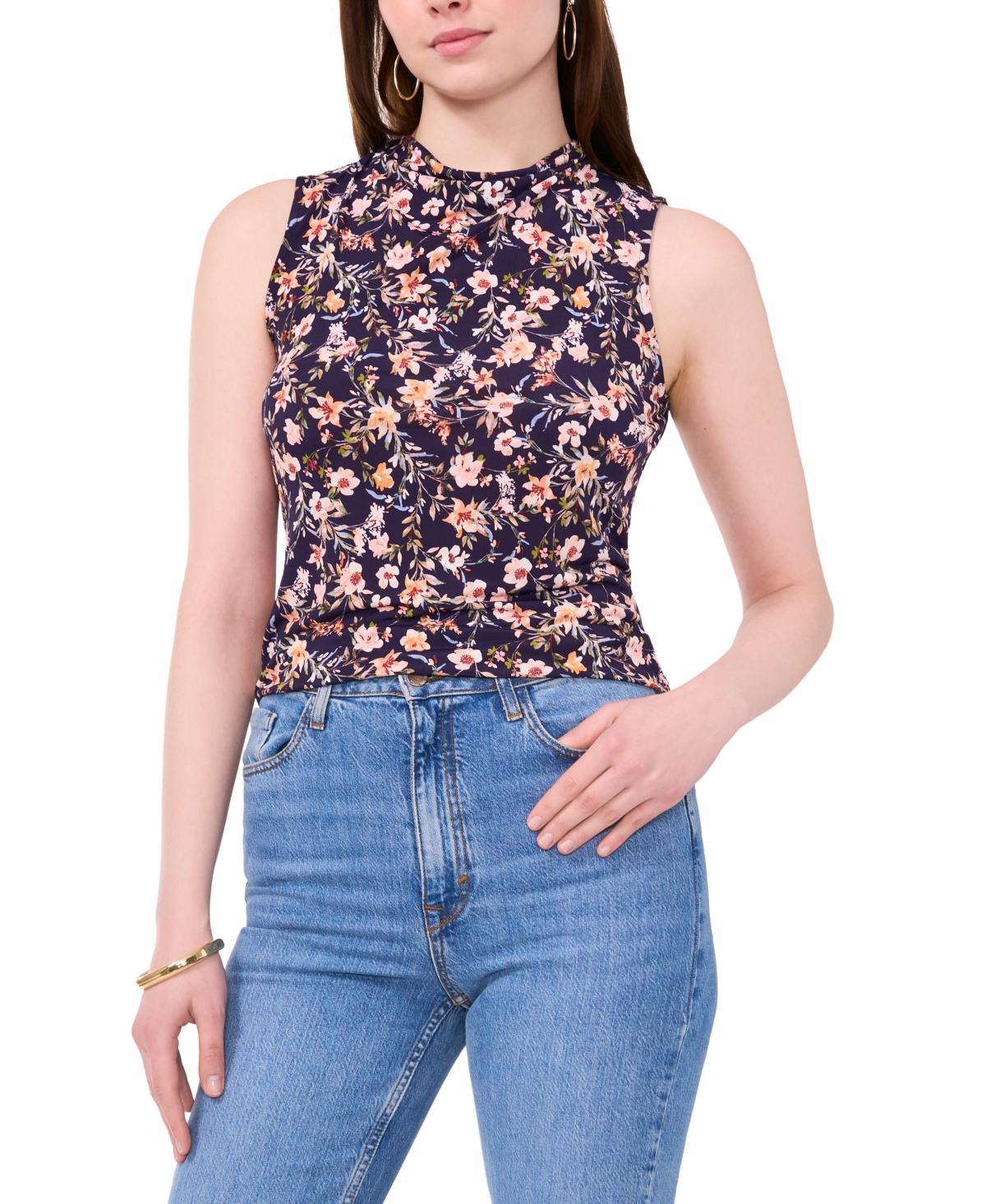 Shop Sam & Jess Women's Floral-print Cowl-neck Sleeveless Top In Navy Floral