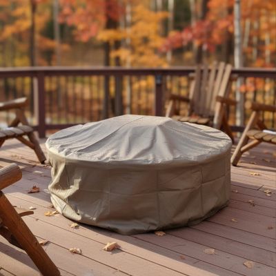 Outdoor Heavy-Duty Weather-Resistant PVC and 300D Polyester Round Fire Pit Cover with Drawstring and Toggle Closure