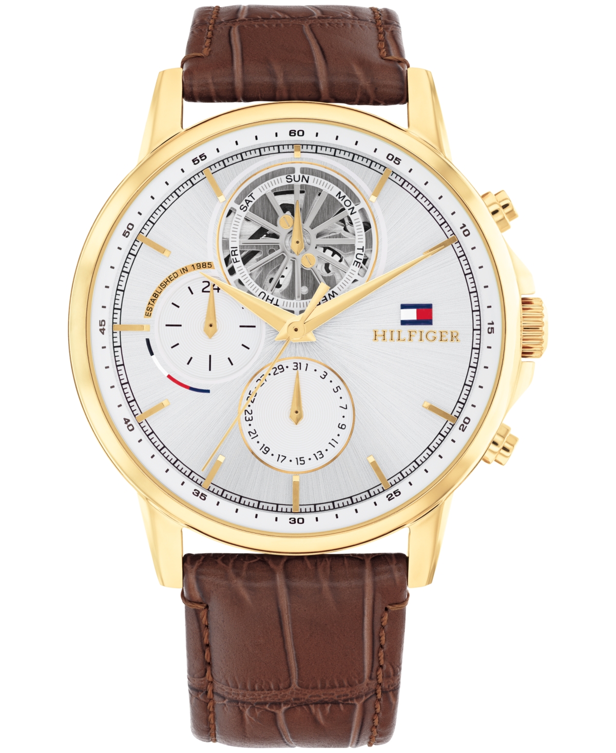 Shop Tommy Hilfiger Men's Multifunction Brown Leather Watch 44mm In Silver