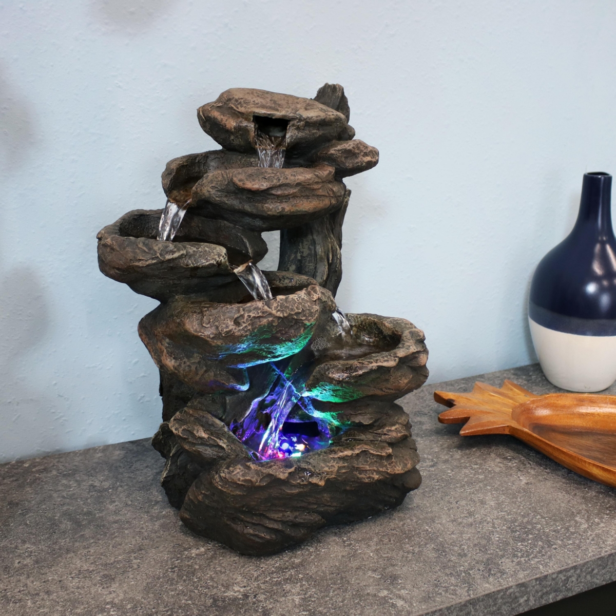 Sunnydaze Decor Staggered Rock Falls Indoor Water Fountain with LEDs -