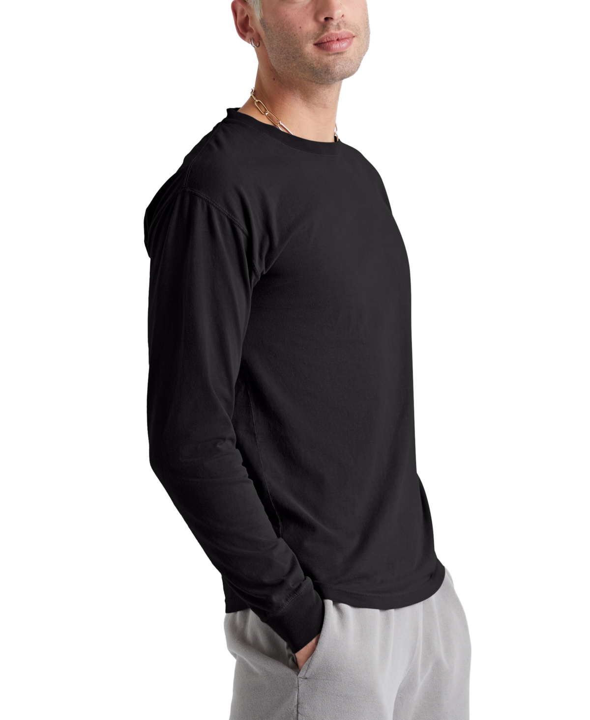 Shop Hanes Unisex Garment Dyed Long Sleeve Cotton T-shirt In Black