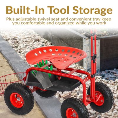 Garden Seat with Wheels - Rolling Garden Stool with Extendable Steer Handle, Swivel Seat and Utility Tool Tray - Red