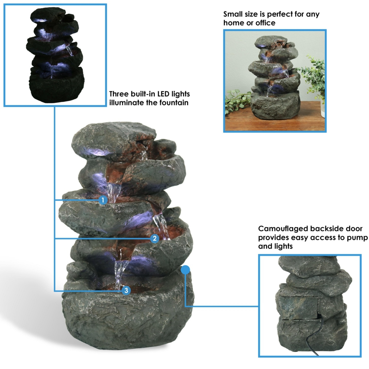 Sunnydaze Decor Stacked Rocks Polyresin Indoor Water Fountain with Led -