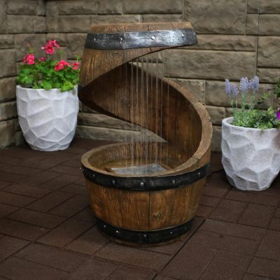Spiraling Barrel 25-Inch Outdoor Water Fountain with LED Lights - Electric Submersible Pump with Adjustable Flow