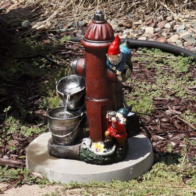 16"H Electric Polyresin Gnomes Climbing Fire Hydrant Outdoor Water Fountain with LED Light