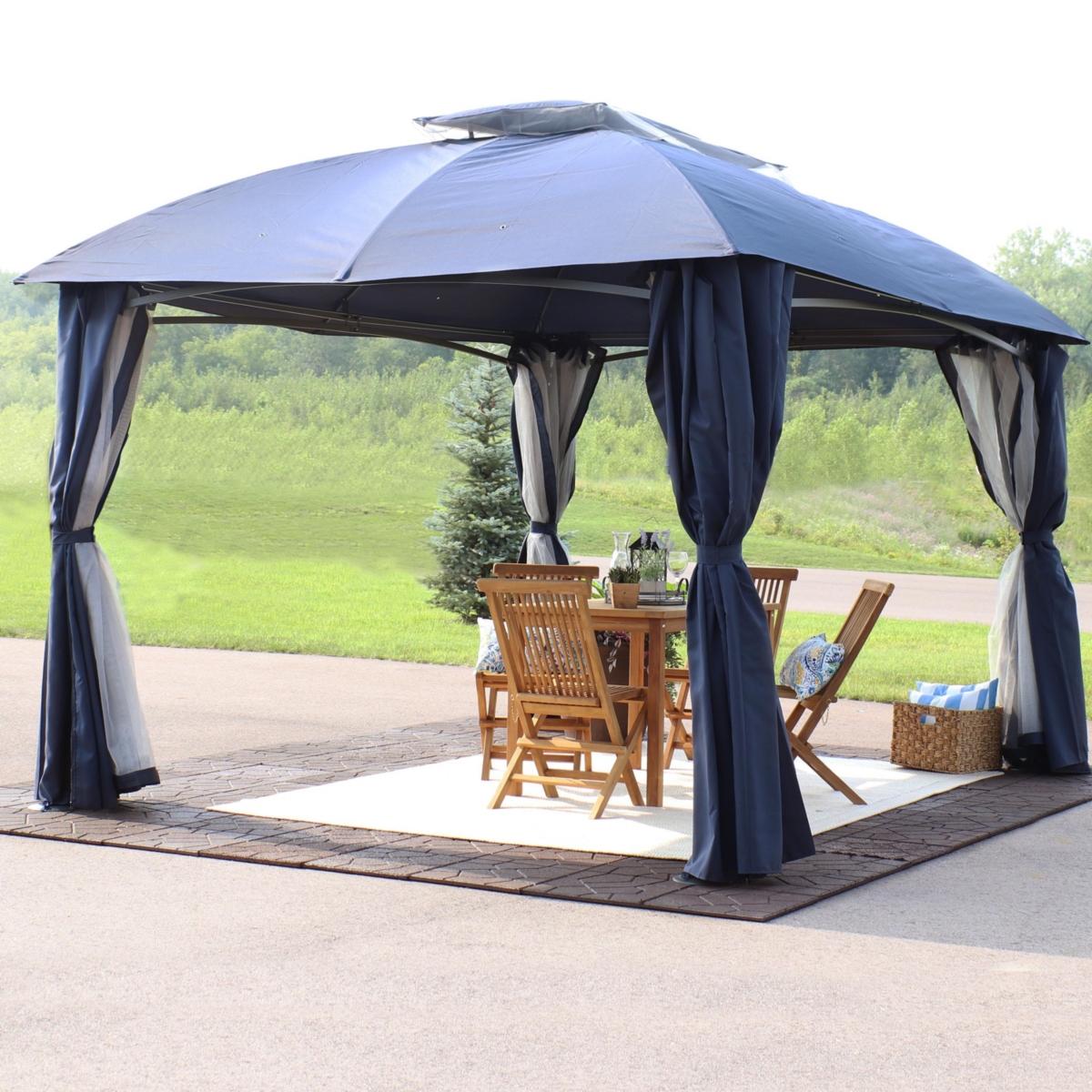 Sunnydaze Decor x Soft Top Polyester Gazebo with Privacy Wall - Navy
