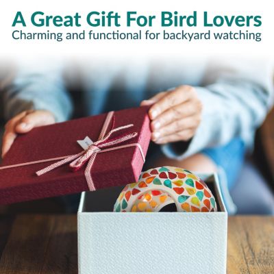 Outdoor Garden Patio Round Glass with Mosaic Design Hanging Fly-Through Bird Feeder - 6"