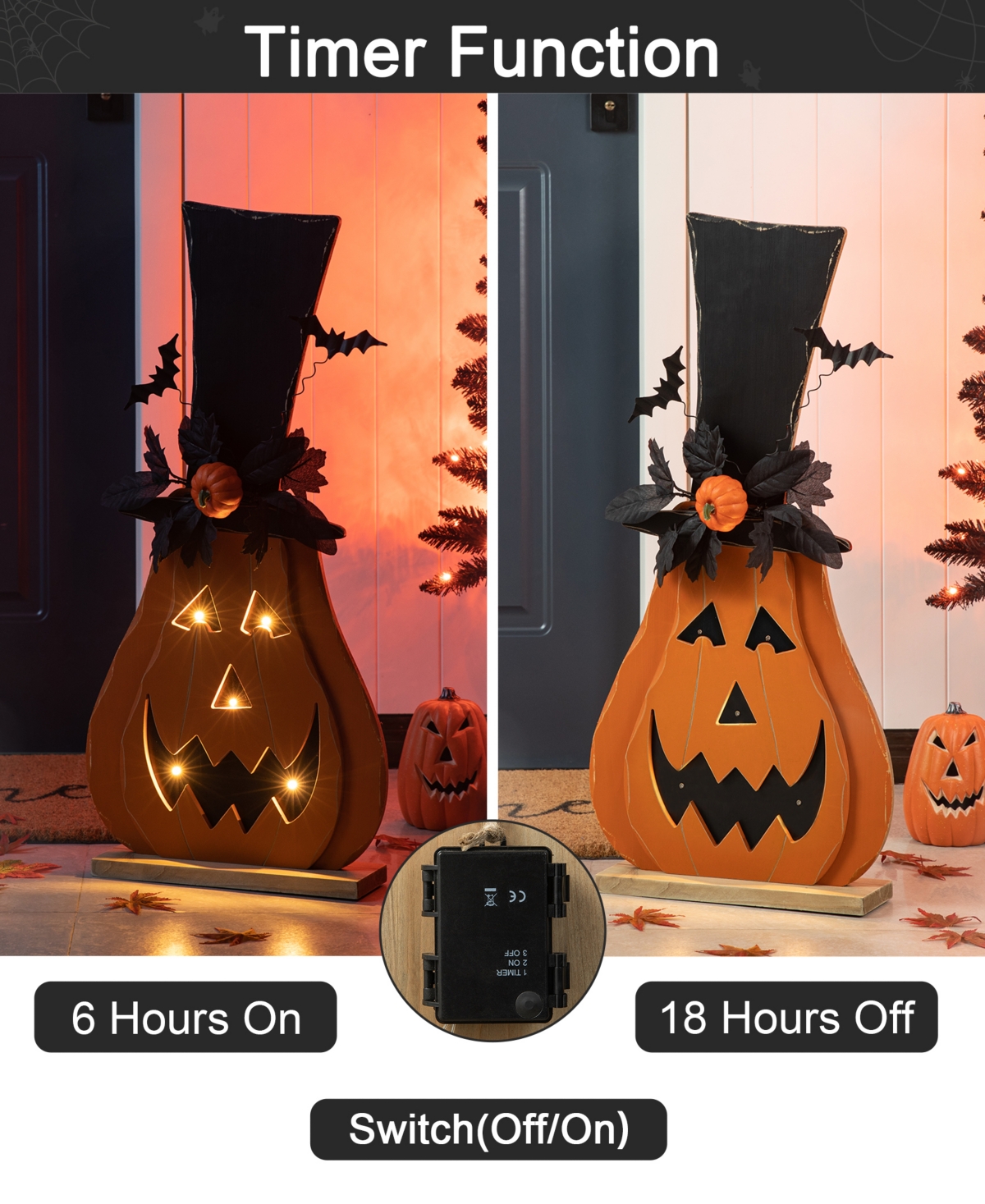 Glitzhome 29.5"h Halloween Lighted Wooden Jack-o-lantern Porch Decor With Floral Timer In Multi