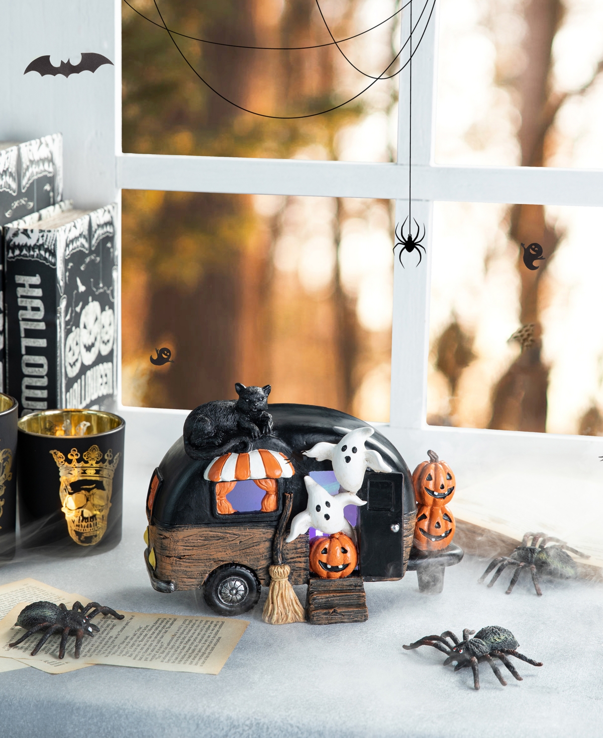 Glitzhome 9.25''l Halloween Polyresin Lighted Camper W/ghost Pumpkin Black Cat Table Decor In Multi