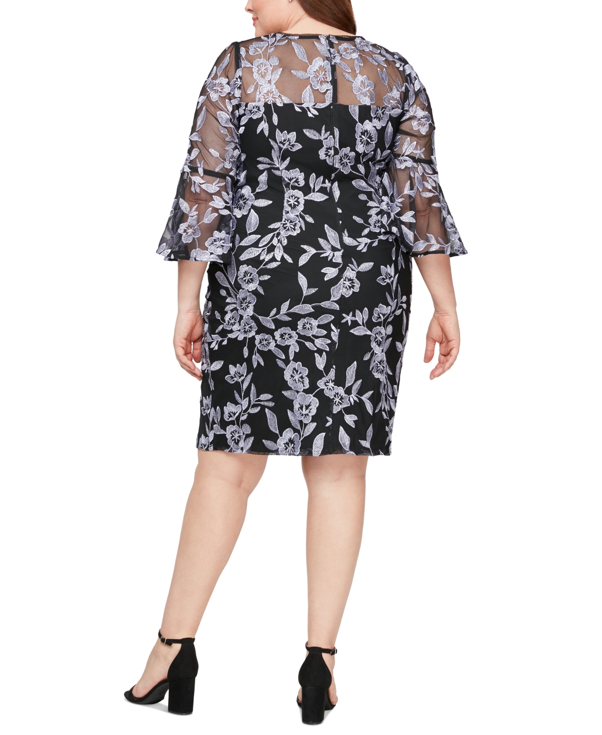 Shop Alex Evenings Plus Size Embroidered Bell-sleeve Illusion Dress In Black,lavender