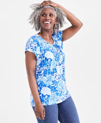 Style & Co - Women's Gigi Multi Print Pleat-Neck Top