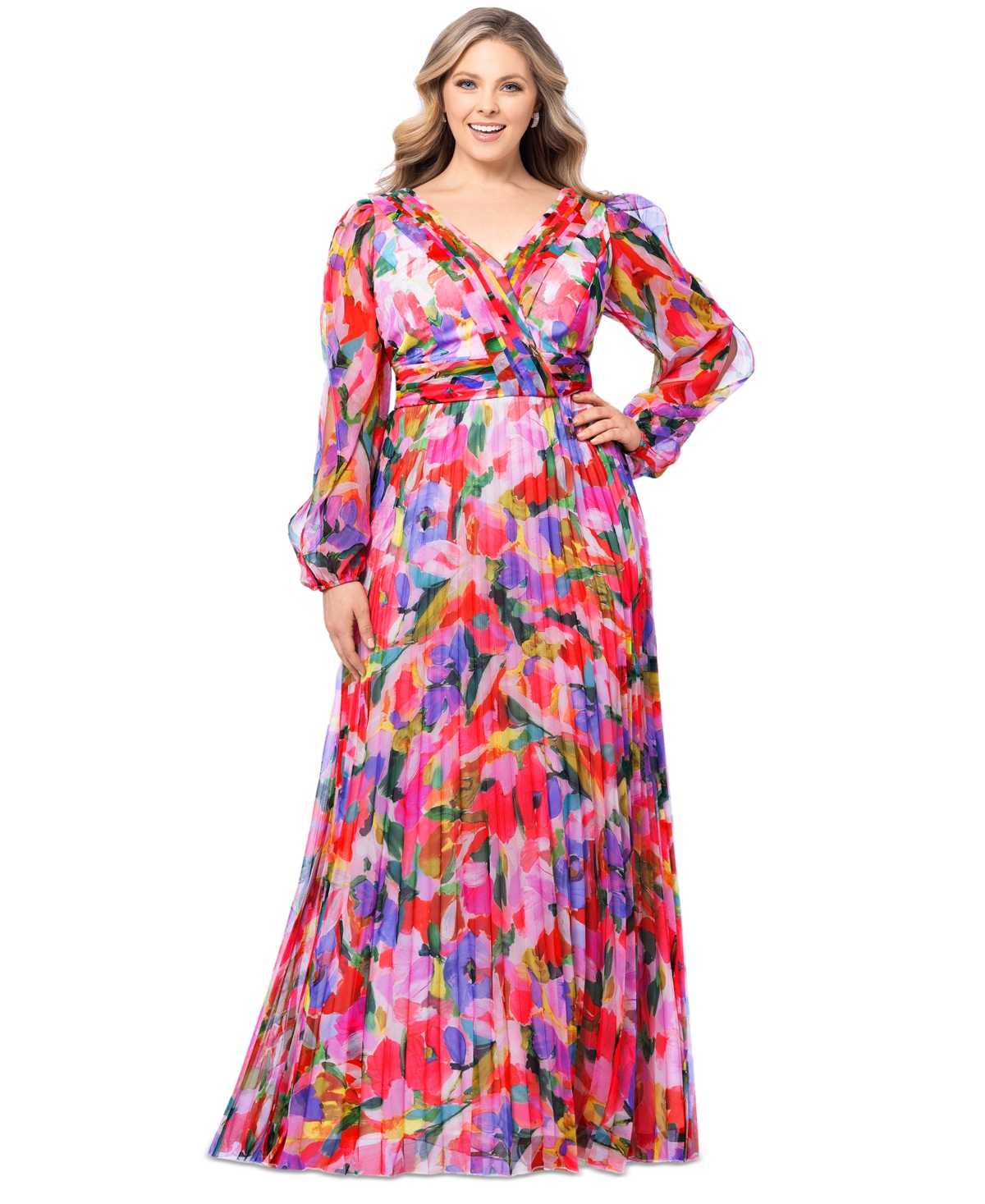 Shop Betsy & Adam Plus Size Printed Pleated Long-sleeve Gown In Multi