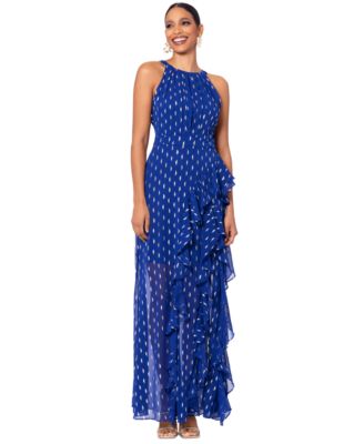 Petite Printed Ruffled Halter Gown
