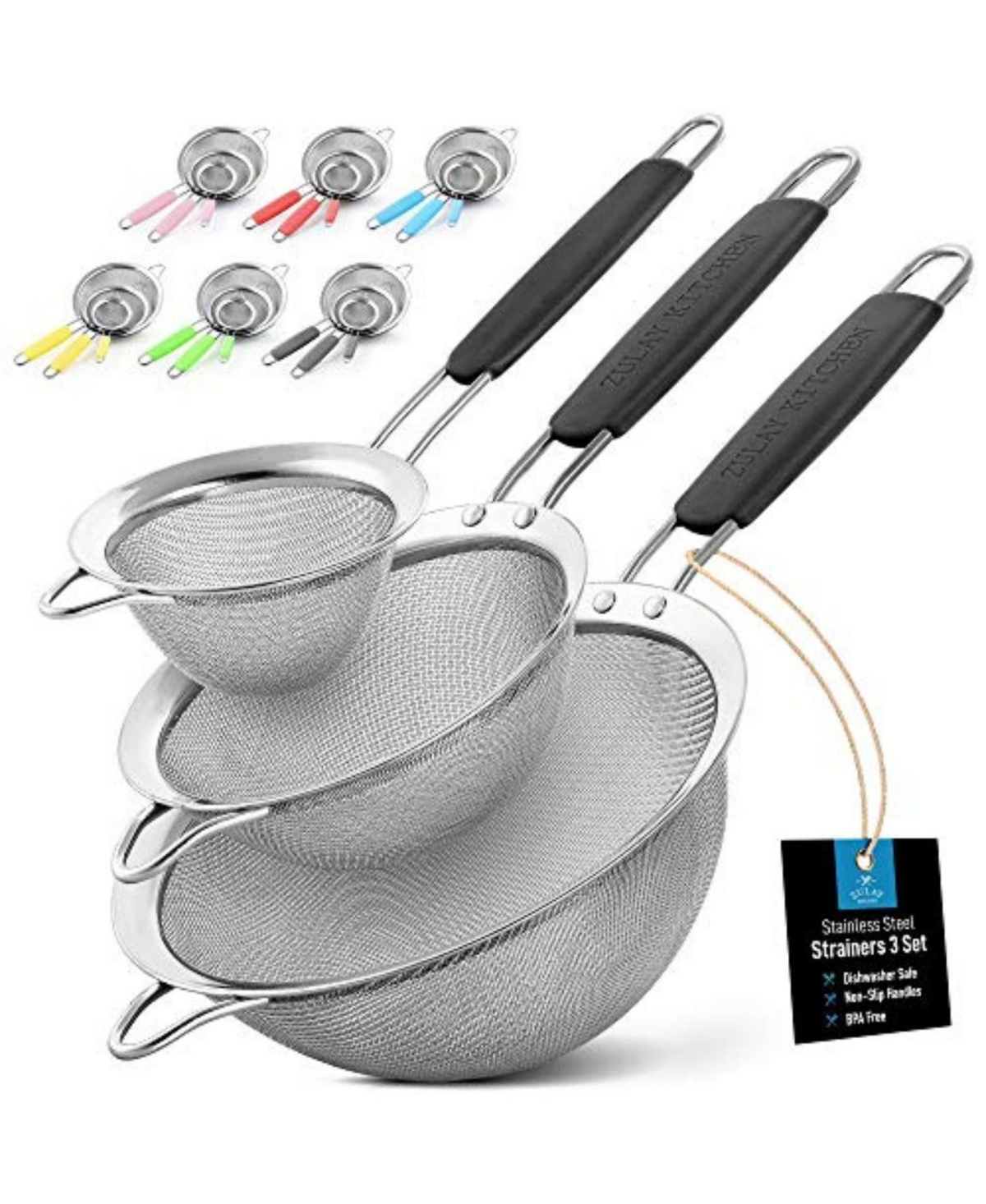 Zulay Kitchen Premium Stainless Steel Fine Mesh Strainer - Strainers For Kitchen (Set of 3) With Non-Slip Handles