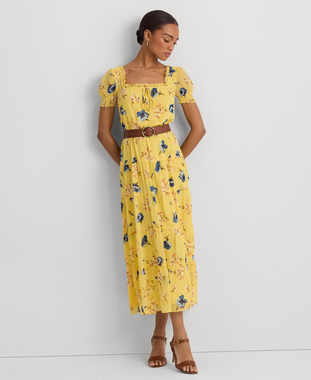Women's Floral Georgette Puff-Sleeve Midi Dress - Yellow