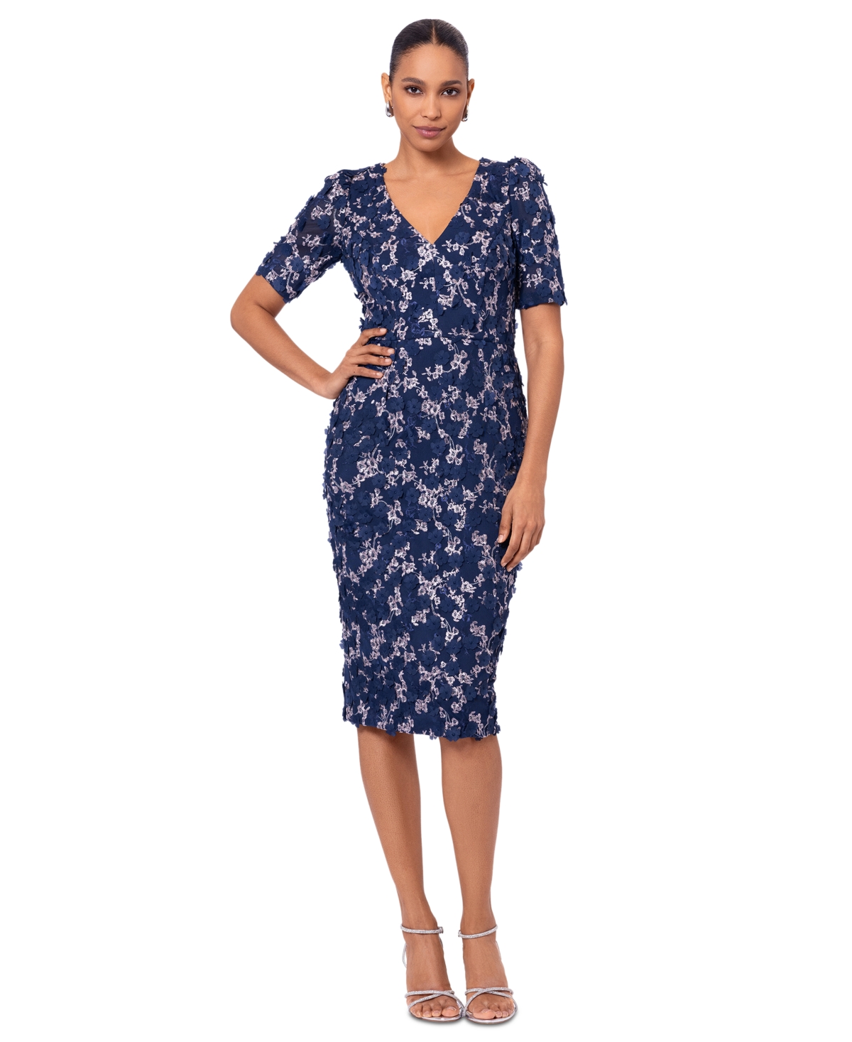 Petite 3D-Flower Short-Sleeve Sheath Dress - Navy/Blush