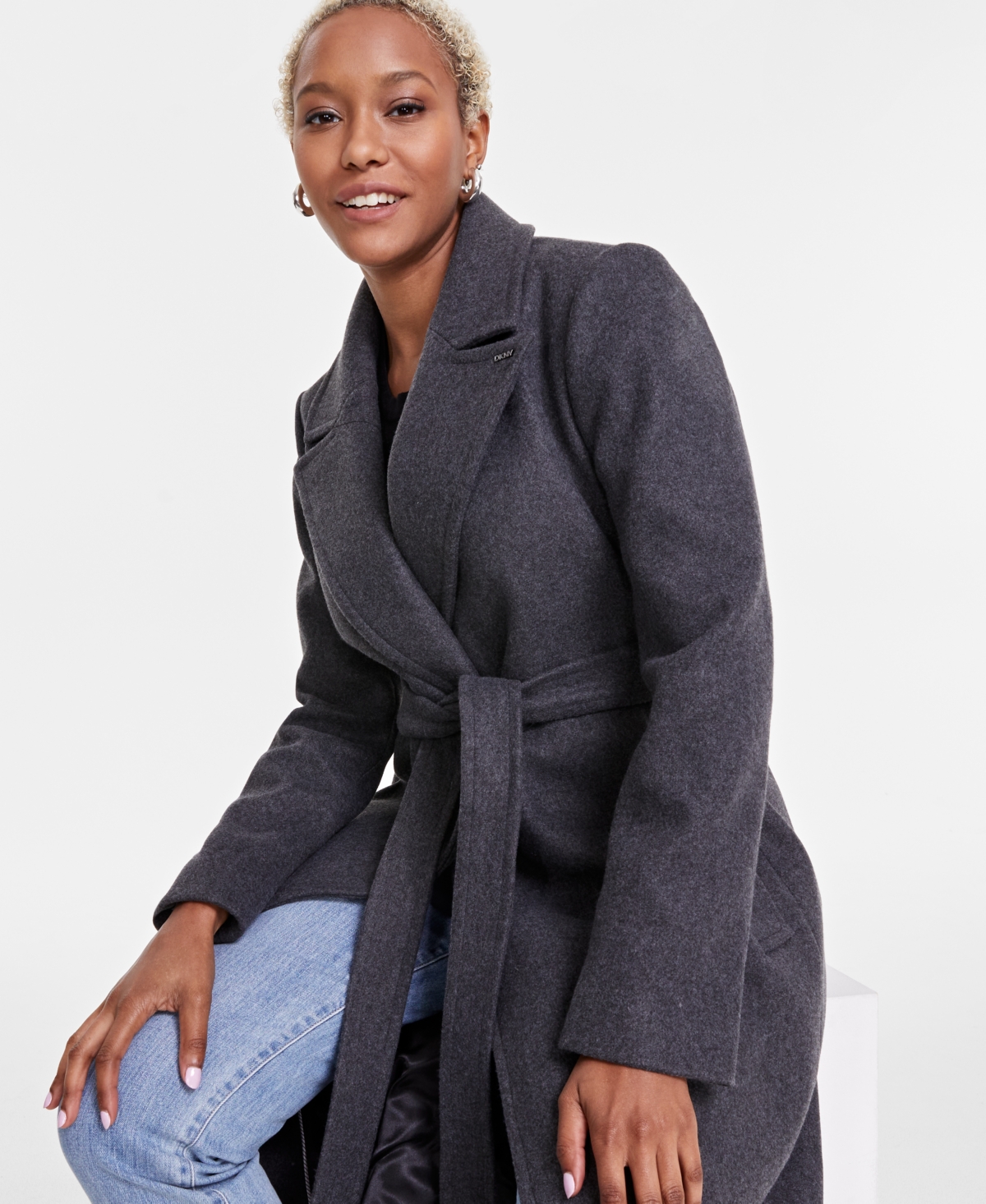Dkny Women's Notched-collar Double-breasted Wrap Coat In Med Grey