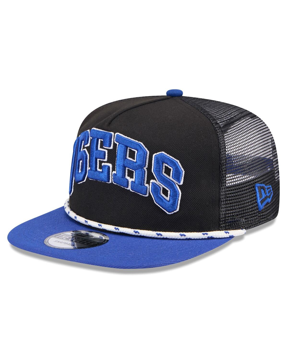 NEW ERA MEN'S BLACK/ROYAL PHILADELPHIA 76ERS THROWBACK TEAM ARCH GOLFER SNAPBACK HAT 