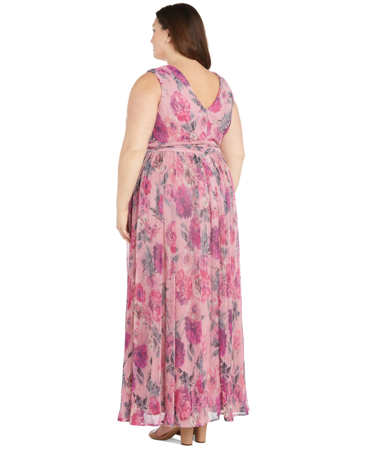 Shop R & M Richards Plus Size Metallic Crinkle-pleat Floral Dress In Pink Multi
