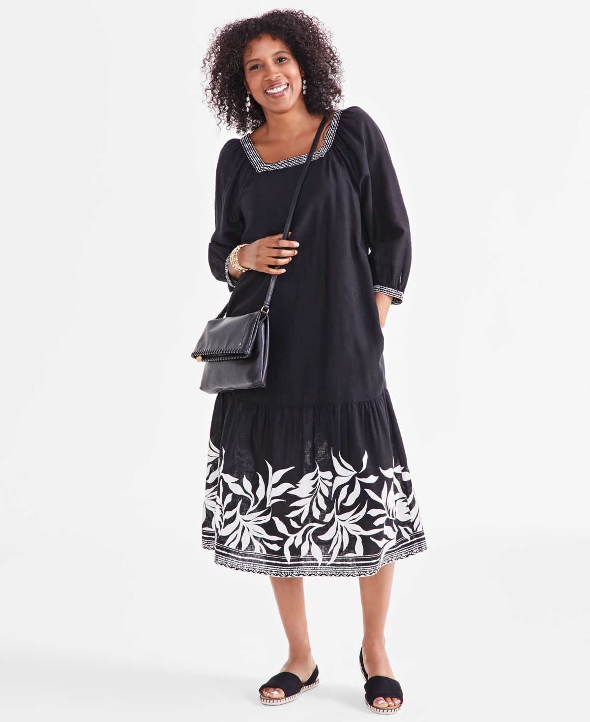 Women's Printed Square Neck Midi Dress, Created for Macy's - Garden Black