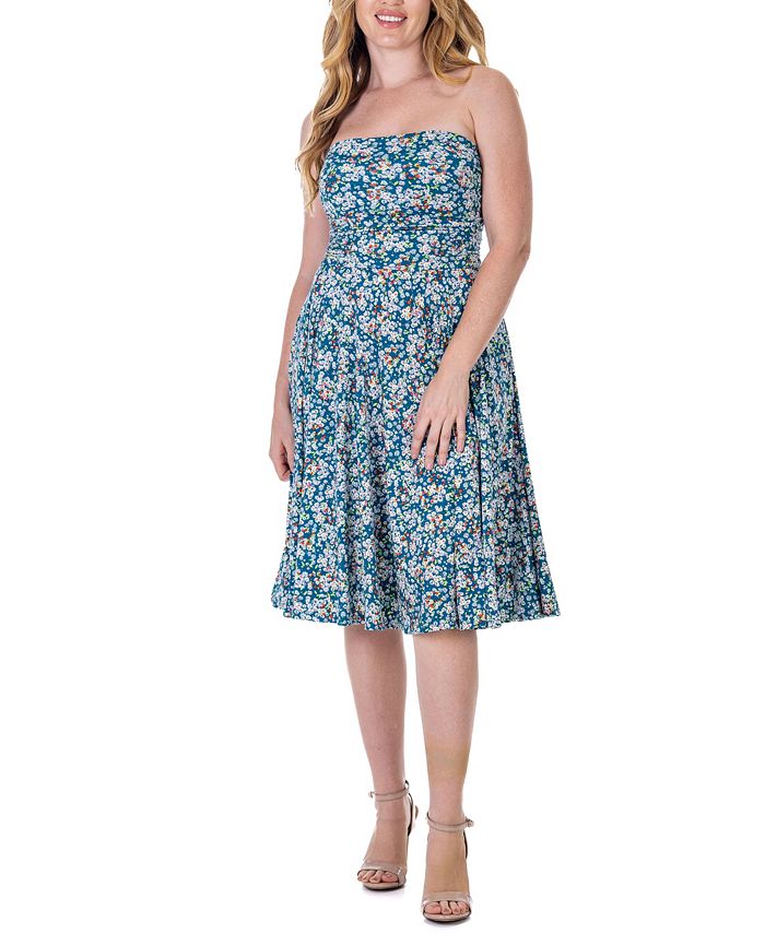 24seven Comfort Apparel Teal Floral Strapless Tube Top Flowy Knee ...