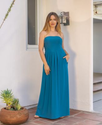Pleated A Line Strapless Maxi Pocket Dress